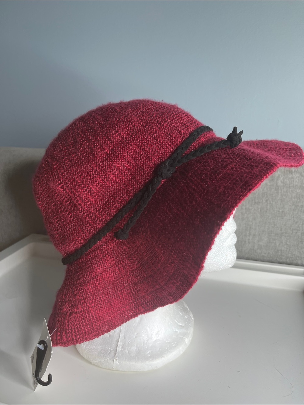 Cranberry Red Knit Sun Hat with Black Braid NWT